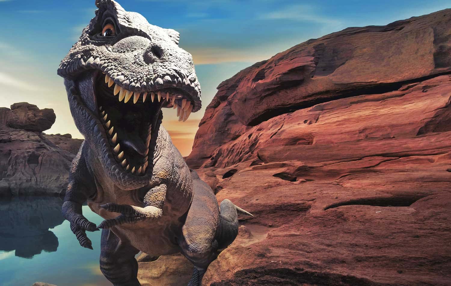 dinosaur roaring at a rock with fossils in uk 